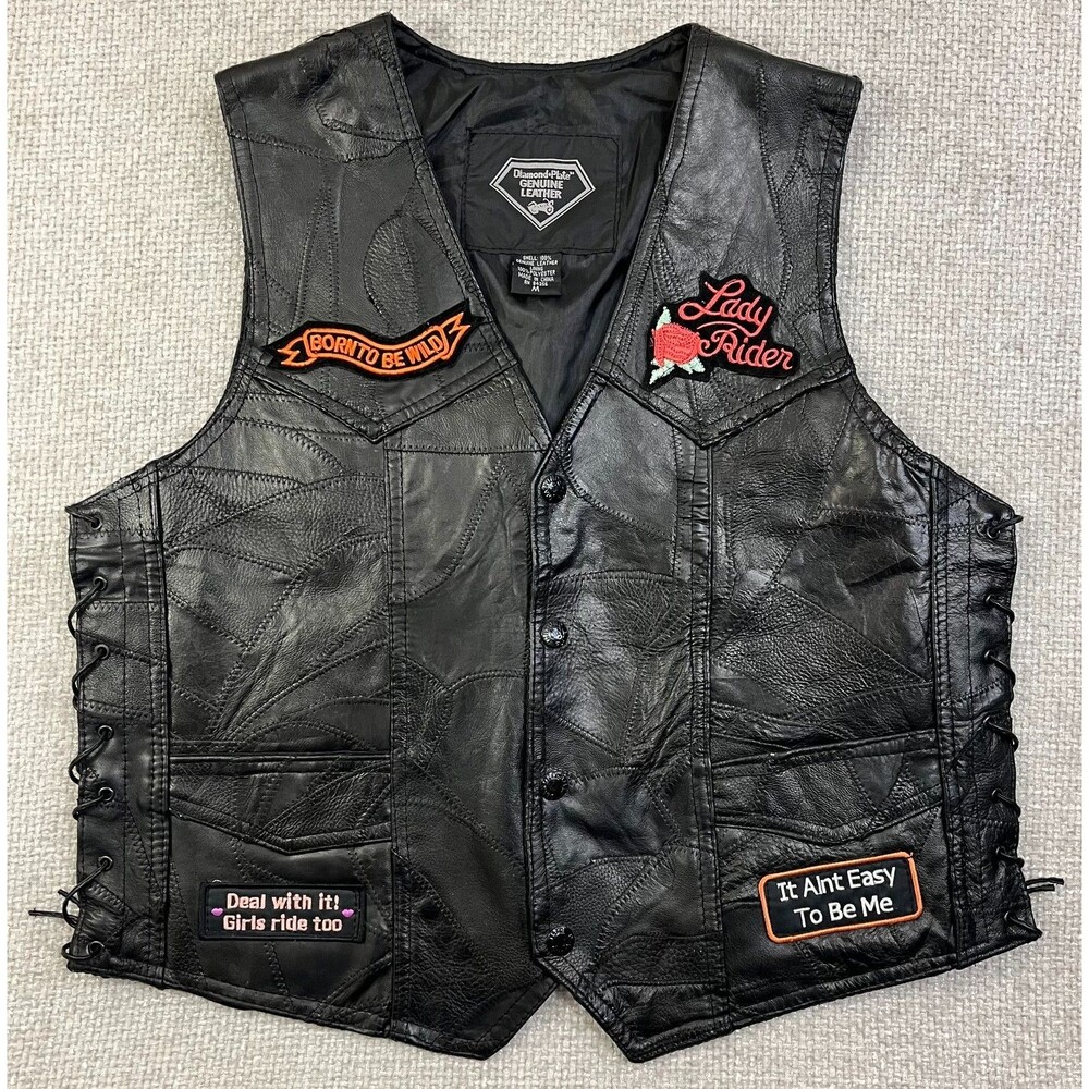 Diamond Plate Leather Vest Motorcycle Women’s Medium Black Embroidered Patches